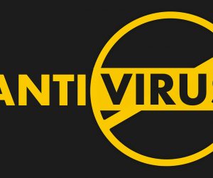 scritta antivirus in nero e giallo su sfondo nero alternato al giallo